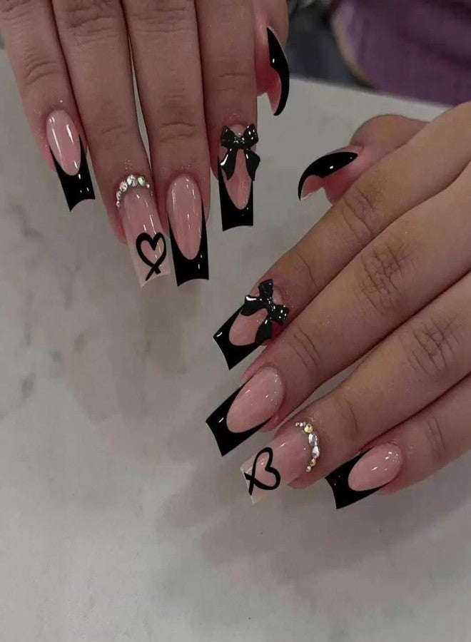 CTTHNBD Medium Press on Nails Coffin - Black French Tip Fake Nails with Bow Charms Design - Heart False Nails Press ons - for Women 24 Pcs - Image 1